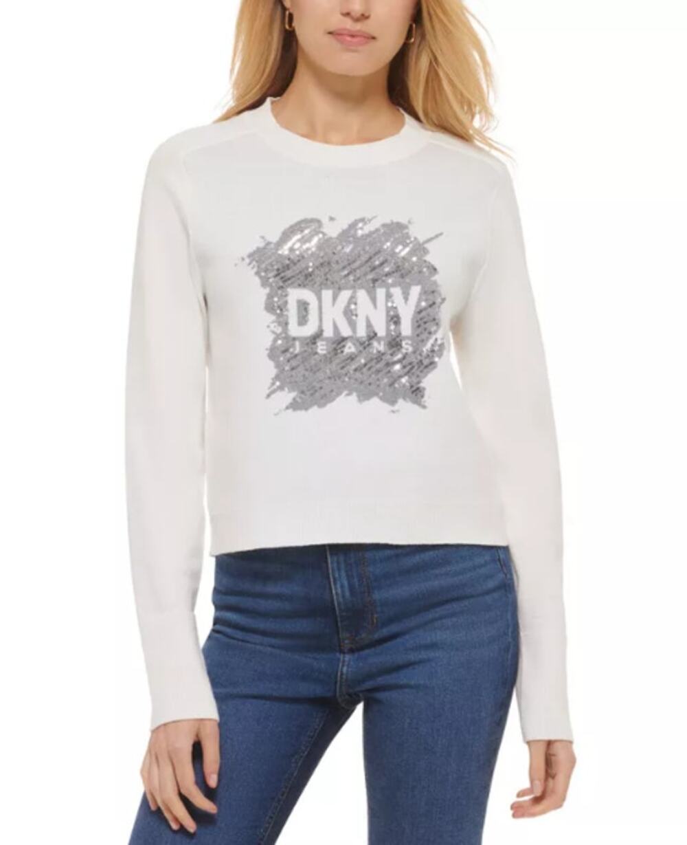 DKNY JEANS Women's Crewneck Sweater XXS Ivory White Sequin Logo Cotton Blend NWT